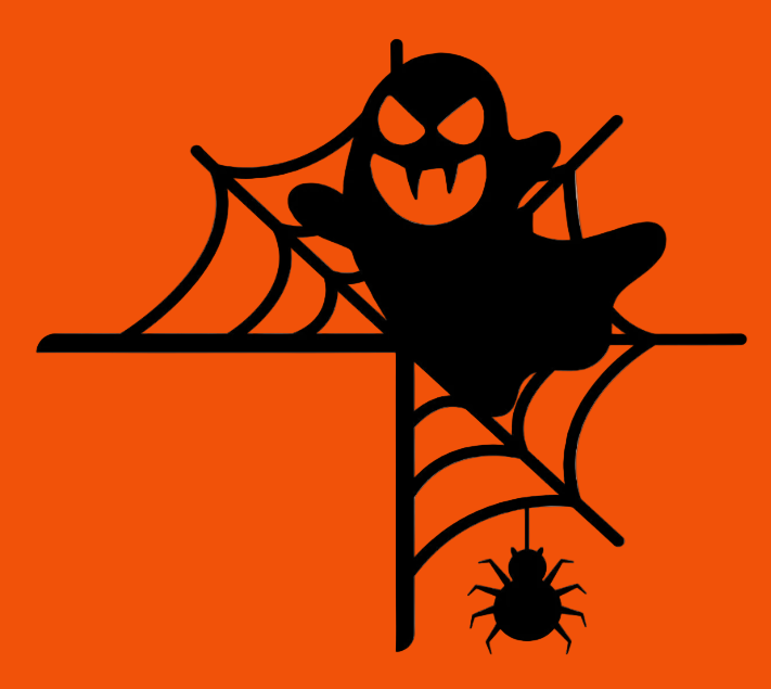 Black silhouette of a ghost on a spider web with a spider below, on a white background