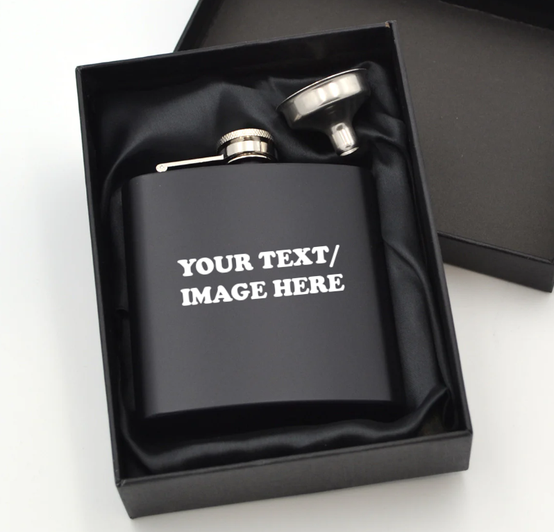 Hip flask black silk customisable etchi