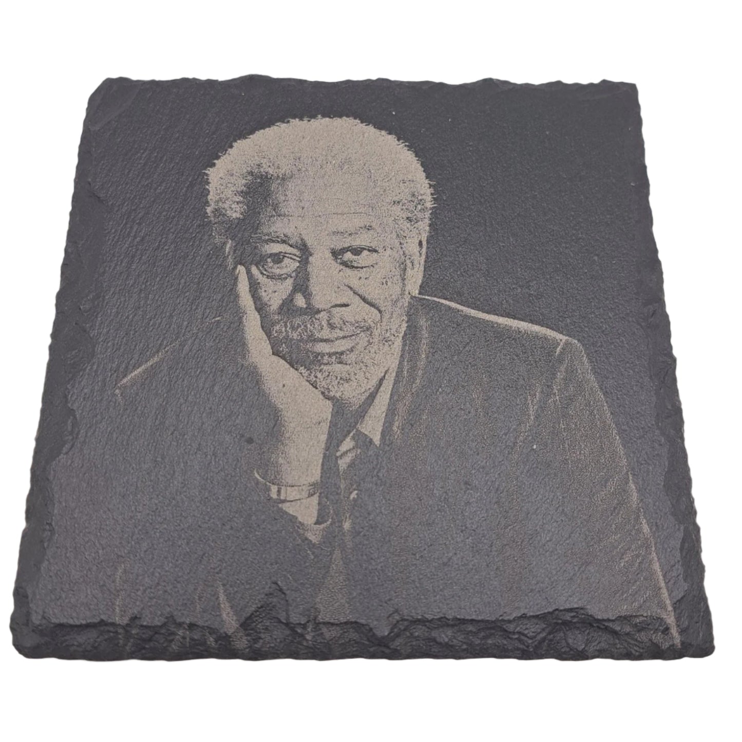 A beautifully etched slate coaster featuring Morgan Freeman