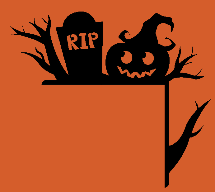 Halloween-themed design with a pumpkin, gravestone, and branches on an orange background