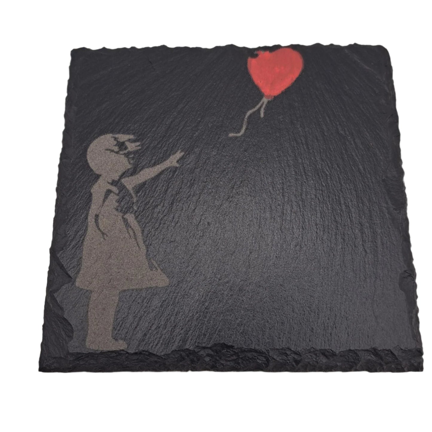 A beautifully etched slate coaster featuring the iconic Banksy image Girl With Balloon