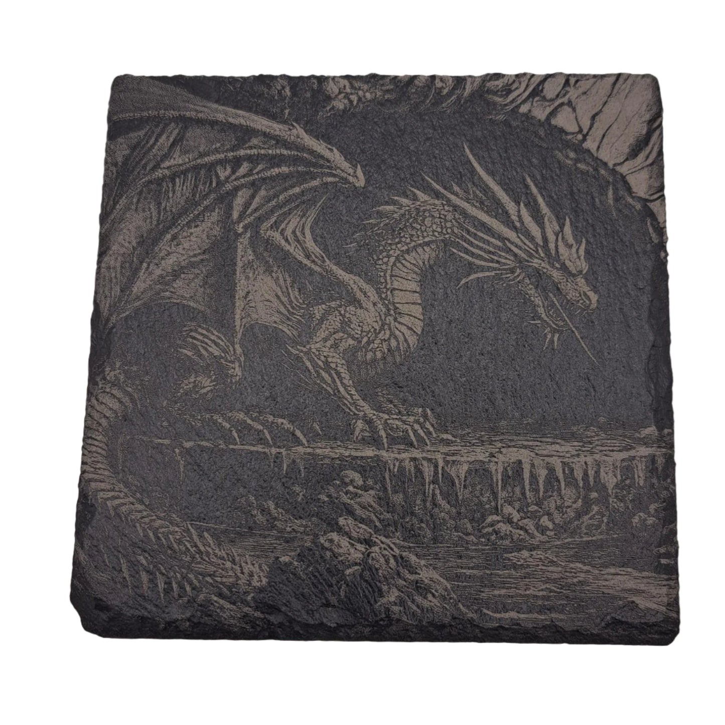 A beautifully etched slate coaster featuring a dragon