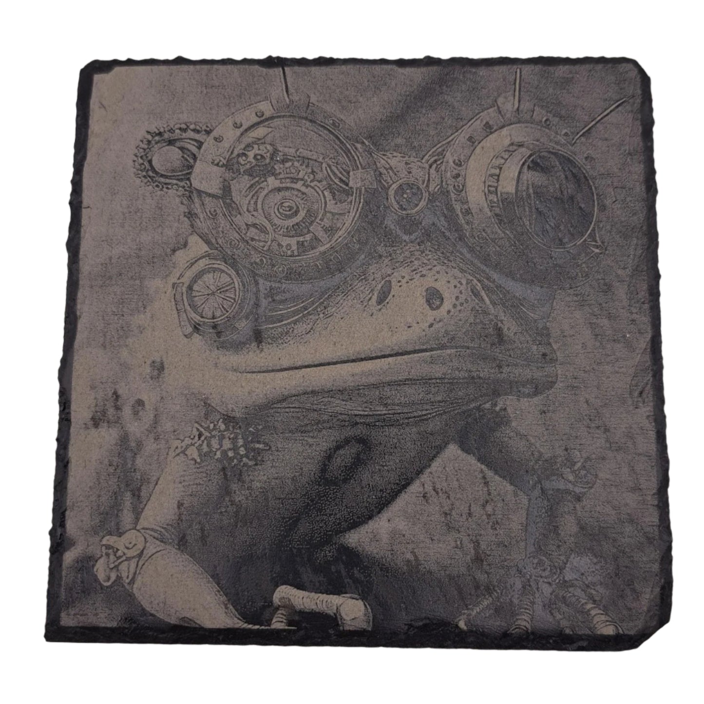 A beautifully etched slate coaster featuring a steampunk style frog