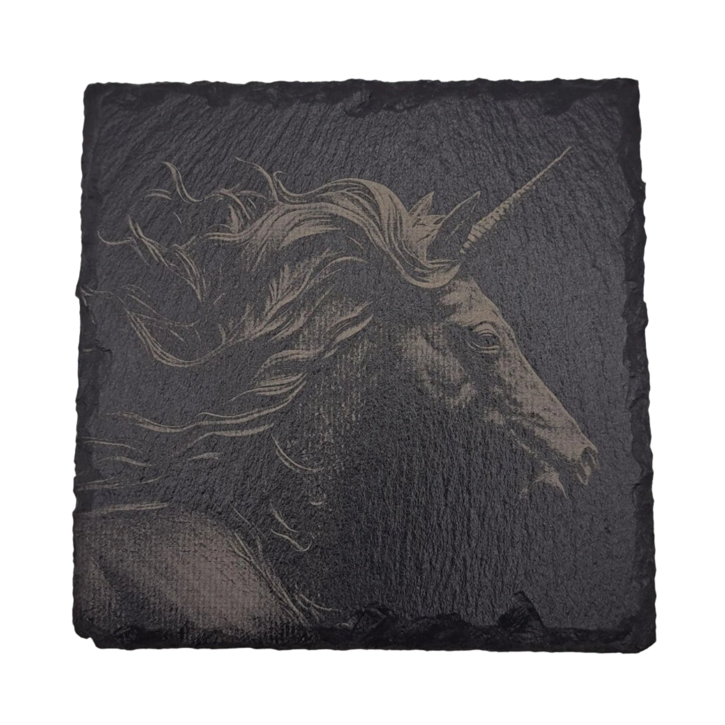 A beautifully etched slate coaster featuring a unicorn