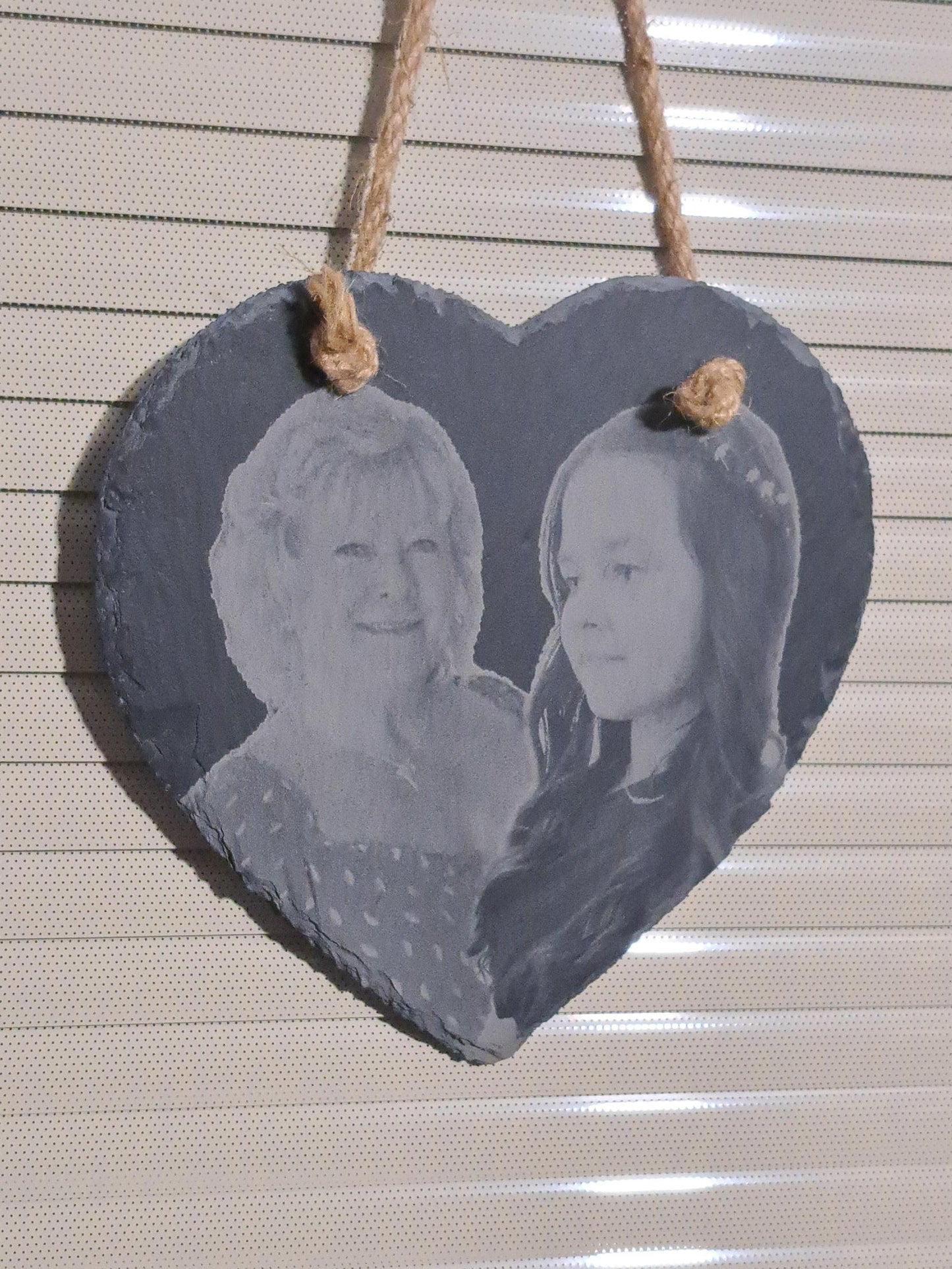 The perfect gift for memories, Valentines or just a special message for someone no longer with us
Images, text, patterns, dates, quotes, messages...we can create your perfect heart!
These slate hangars and pre-drilled (single or double hole) and come complete with rope. They measure approx 200mm 