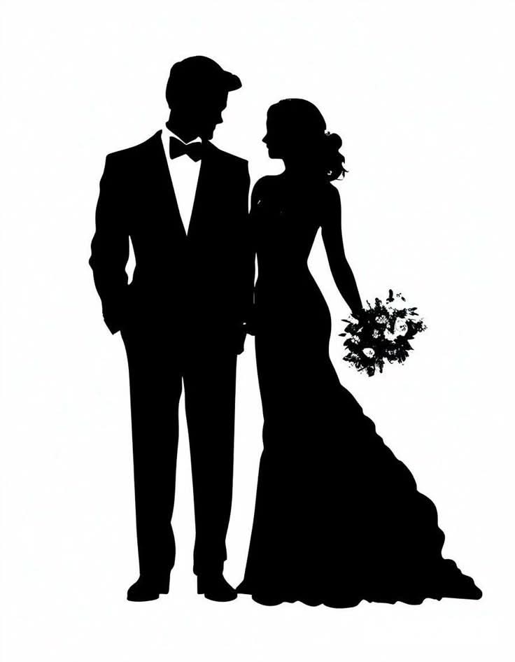 Black silhouette of a bride and groom standing together, with the groom in a tuxedo and the bride in a wedding gown holding a bouquet, on a plain white background.