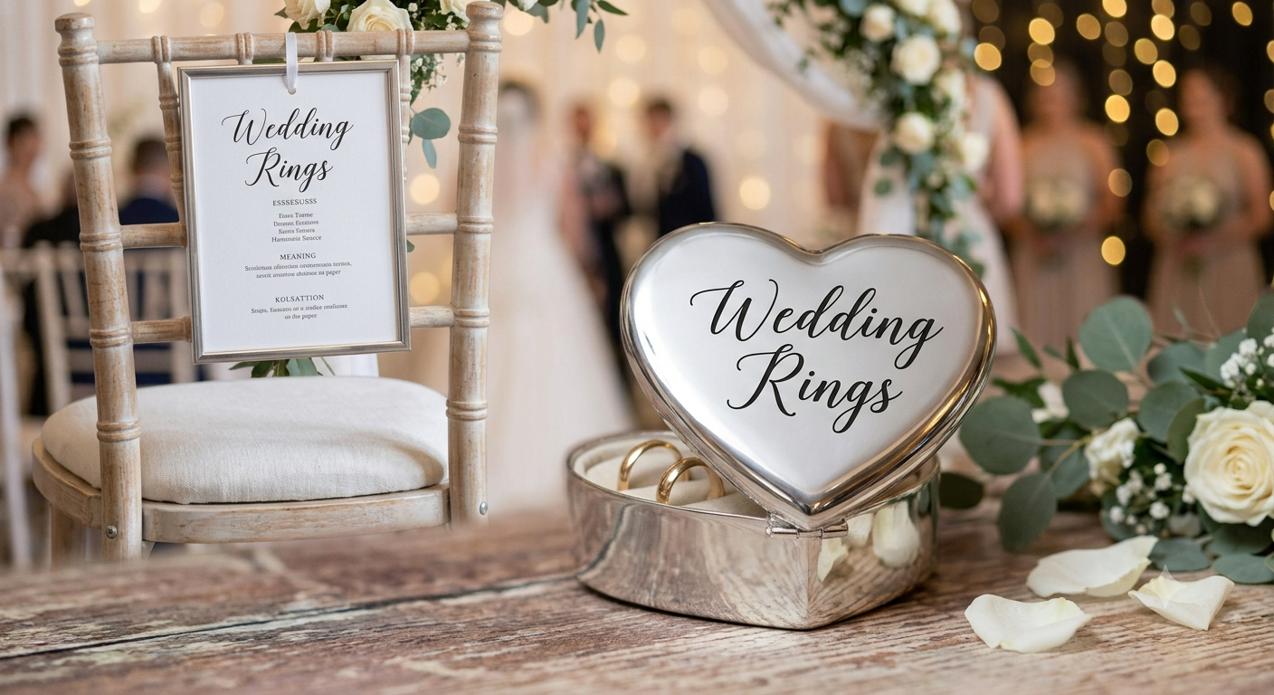 A heart-shaped silver and white wedding rings box on a rustic wooden table, with gold rings inside. A matching sign on a chair reads 'Wedding Rings' and the background shows a softly blurred wedding reception setting with lights and guests.