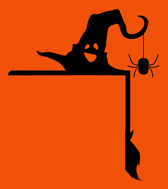Halloween-themed silhouette with a witch's hat, ghost, and spider on a white background