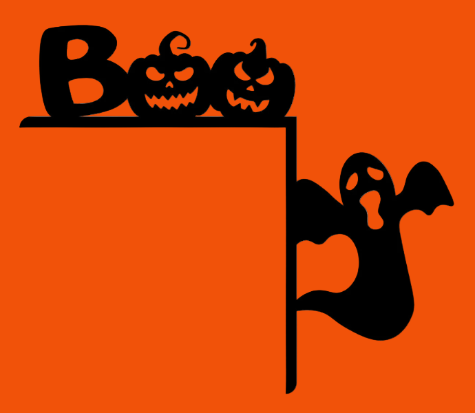 Halloween-themed design with pumpkins and a ghost on a white background