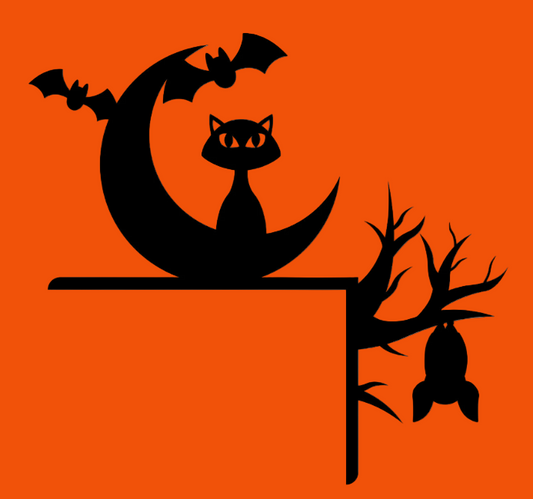 Halloween-themed design with a cat on a moon, bats, and a tree branch.