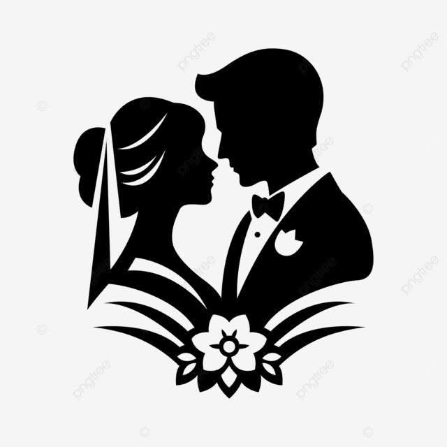 Black silhouette of a bride and groom facing each other, with the bride wearing a veil and holding a flower, on a light gray background with faint diagonal watermark text.