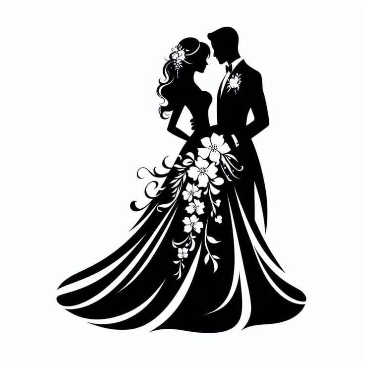 Black silhouette of a bride and groom standing close together, with floral detailing on the bride's dress, on a plain white background.
