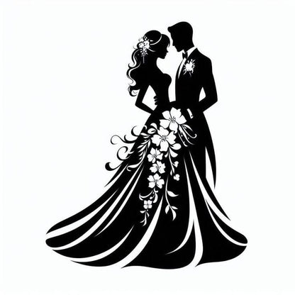 Black silhouette of a bride and groom standing close together, with floral detailing on the bride's dress, on a plain white background.