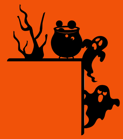 Black silhouette of a cauldron with ghosts on a white background