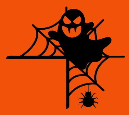 Black silhouette of a ghost on a spider web with a spider below, on a white background