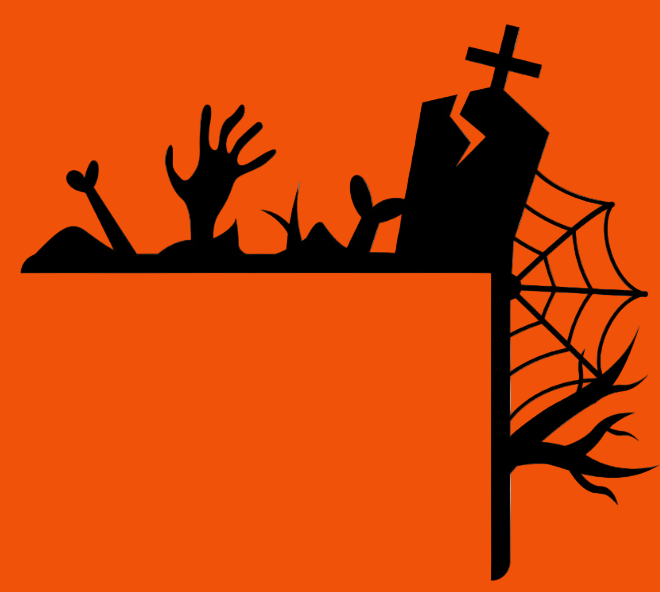Halloween-themed design with zombie hands, tombstone, and spider web on a white background