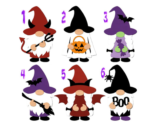 Set of Halloween-themed gnomes with numbered hats on a white background