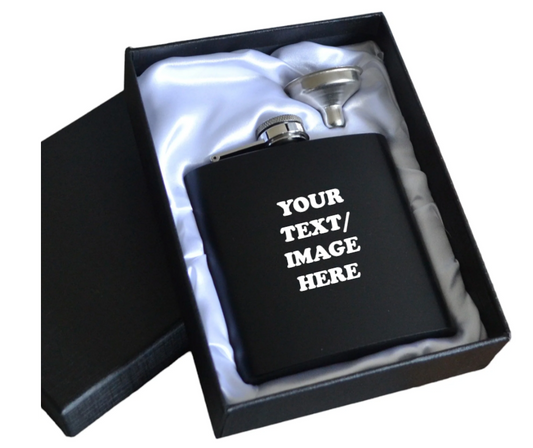 Matte black hip flask in box lined with white silk customisable etchi