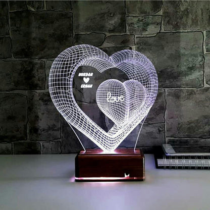 Two hearts colour changing lamp 3D acrylic personalised name etchi