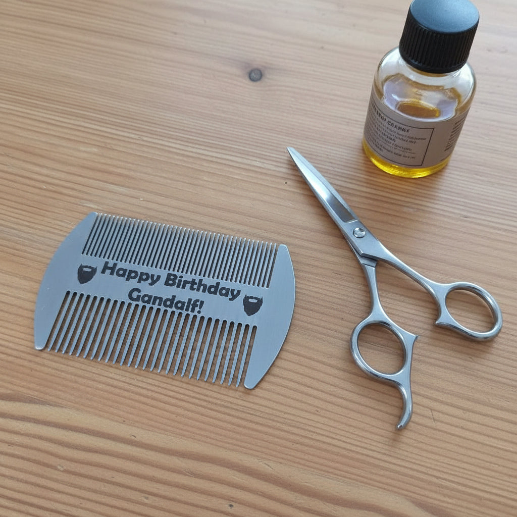 Metallic comb with 'Happy Birthday Gandalf!' text on a wooden surface