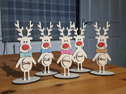 freestanding plywood rudolph reindeer red nose bow tie glitter base name place setting