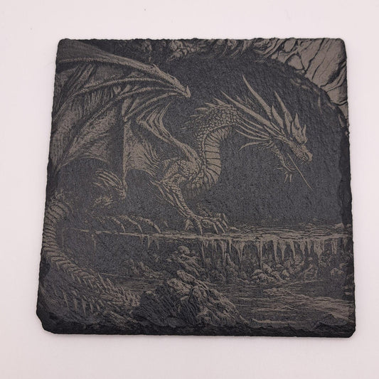 A beautifully etched slate coaster featuring a dragon