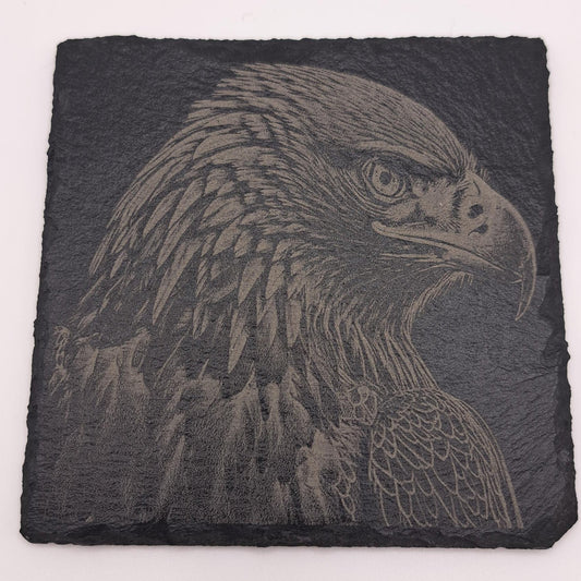 A beautifully etched slate coaster featuring an eagle