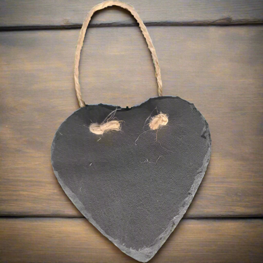 The perfect gift for memories, Valentines or just a special message for someone no longer with us

Images, text, patterns, dates, quotes, messages...we can create your perfect heart!&nbsp;

These slate hangars and pre-drilled (single or double hole) and come complete with rope. They measure approx 200mm&nbsp;