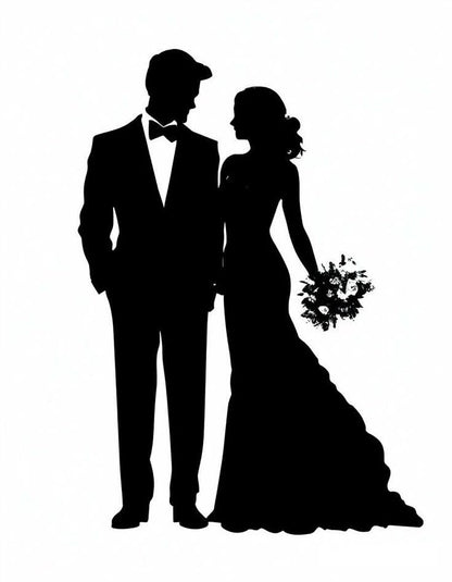 Black silhouette of a bride and groom standing together, with the groom in a tuxedo and the bride in a wedding gown holding a bouquet, on a plain white background.