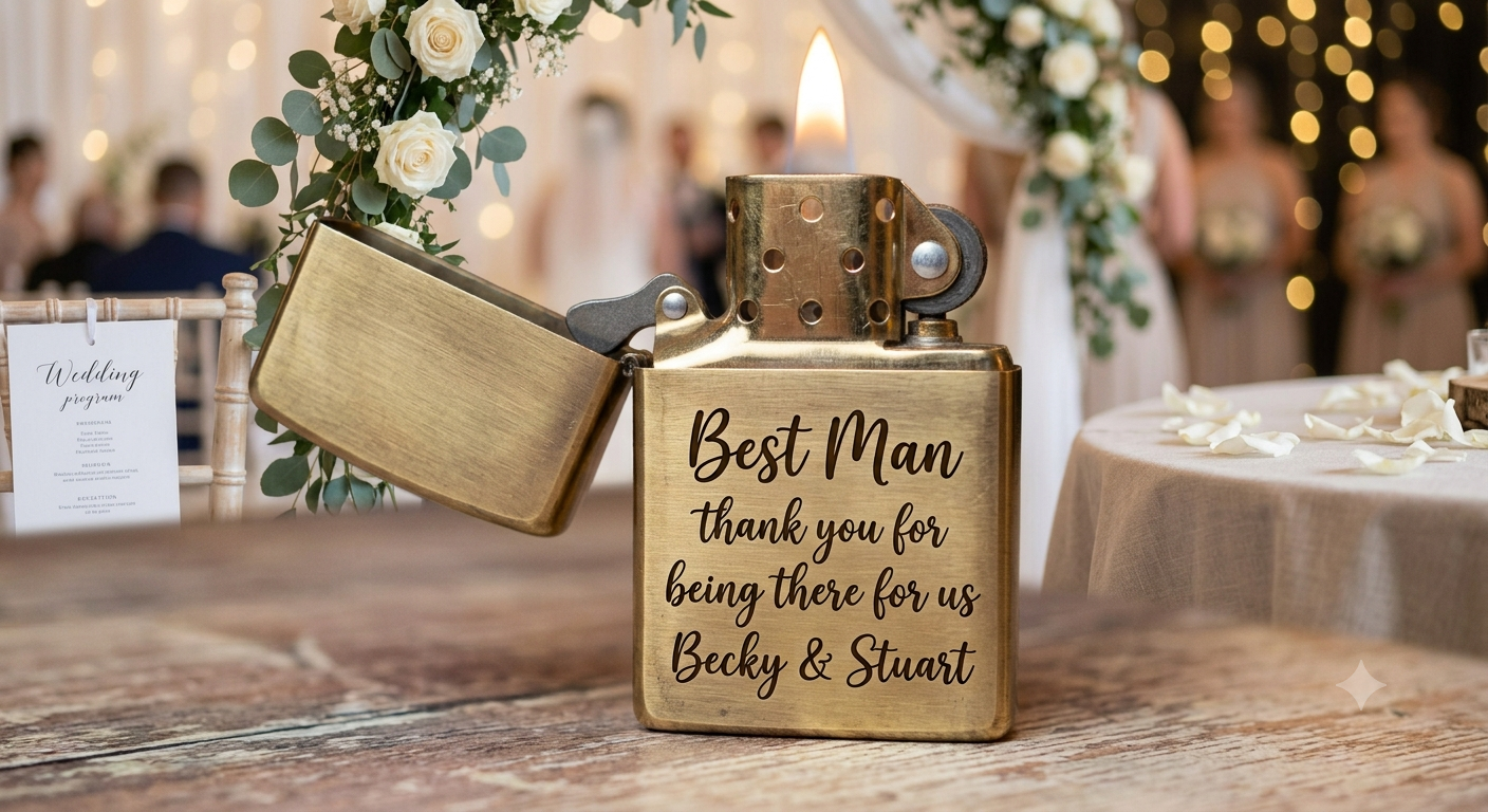 A gold-toned lighter shaped like a vintage flask sits open on a table at a wedding reception. The lighter has black script text reading 'Best Man thank you for being there for us Becky & Stuart' and a lit flame is visible at the top.