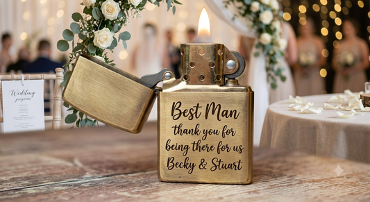 A gold-toned lighter shaped like a vintage flask sits open on a table at a wedding reception. The lighter has black script text reading 'Best Man thank you for being there for us Becky & Stuart' and a lit flame is visible at the top.